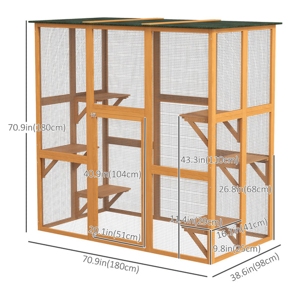 Wooden cat cage with 6 balanced platforms and asphalt roof, orange