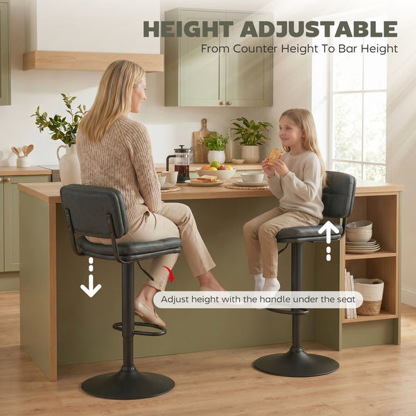 Adjustable black faux leather bar stools, set of 2
