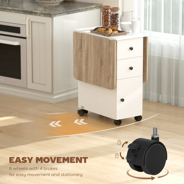 Mobile folding table on casters with drawers and cupboard, white and oak