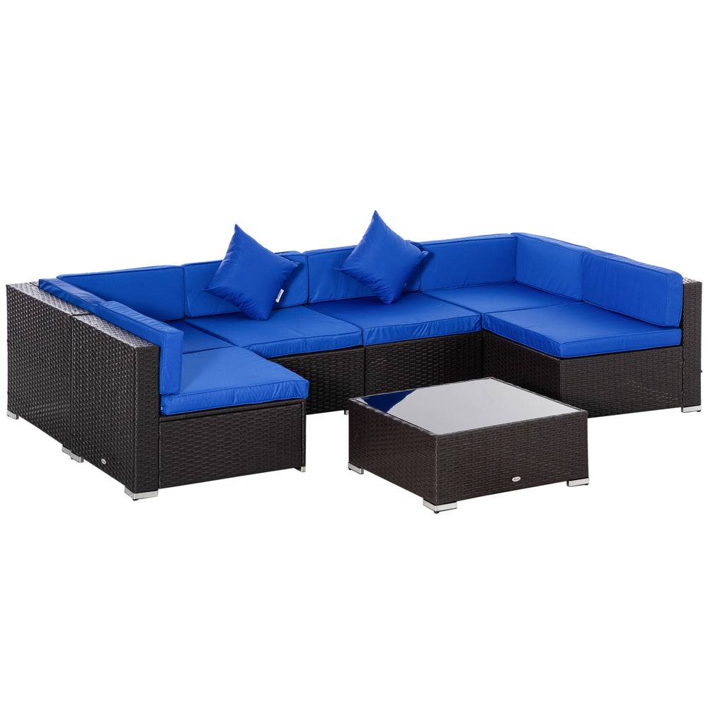 7-piece rattan garden furniture set, wicker corner sofa for patio, blue
