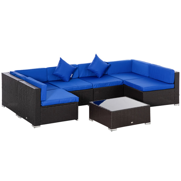 7-piece rattan garden furniture set, wicker corner sofa for patio, blue
