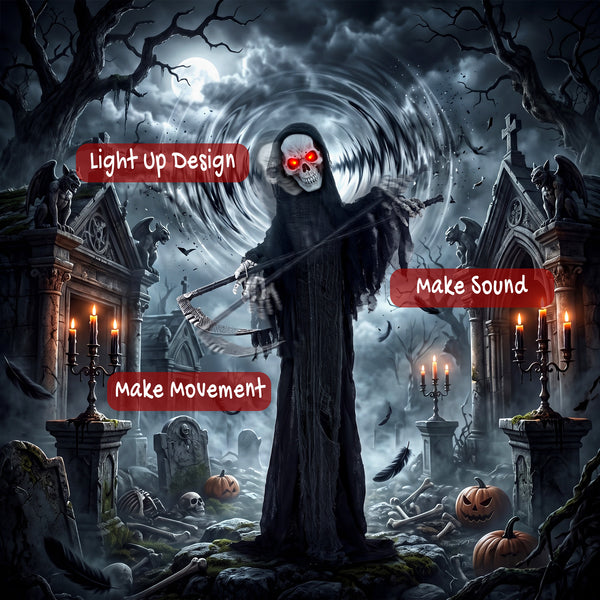 6 ft. Animated Halloween Reaper with Scythe, Red LED Eyes, Sounds and Motion – Black