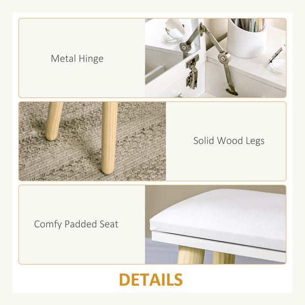 Dressing table with folding mirror and padded stool, white 