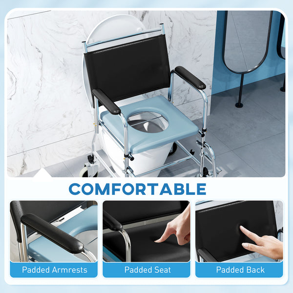 Black 4-in-1 commode and shower chair with wheels and padded seat