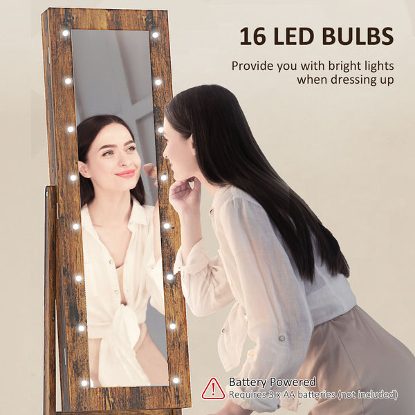 Freestanding jewelry cabinet with illuminated mirror, adjustable angle and 16 LEDs, rustic brown color
