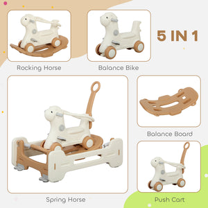 5-in-1 Rocking Horse with Balance Board, Push Handle, Brown 