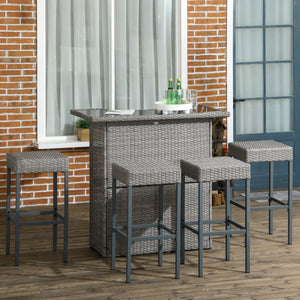Ensemble de bar de terrasse 5 pièces gris en rotin synthétique avec table à plateau en verre trempé et 4 chaises hautes