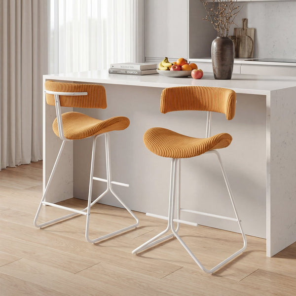 Set of 2 25-inch counter-height armless bar stools with padded seat and footrest - Orange