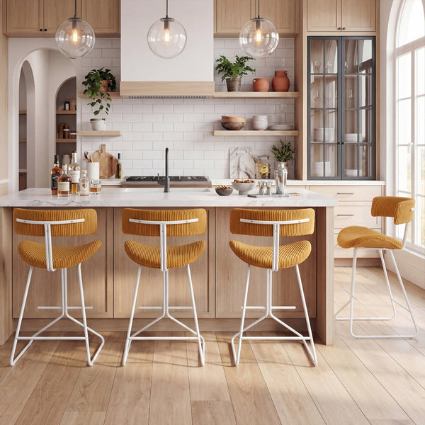 Set of 2 25-inch counter-height armless bar stools with padded seat and footrest - Orange