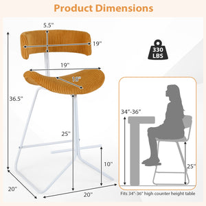 Set of 2 25-inch counter-height armless bar stools with padded seat and footrest - Orange