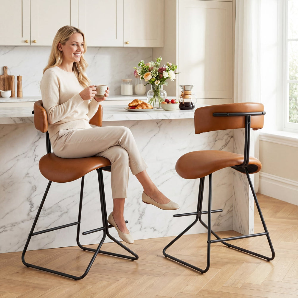 Set of 2 modern 25-inch upholstered faux leather counter stools - Espresso