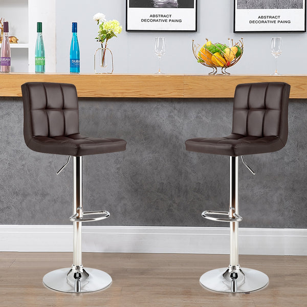 Set of 2 square adjustable and swivel PU leather bar stools with backrest and footrest - cafe