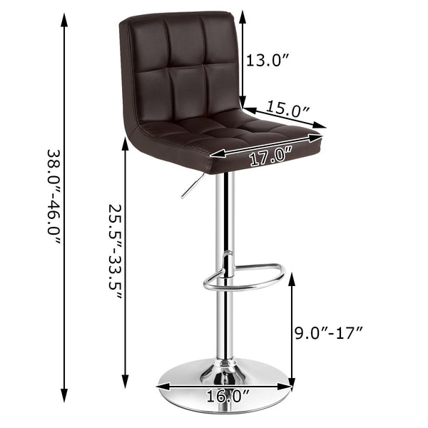 Set of 2 square adjustable and swivel PU leather bar stools with backrest and footrest - cafe