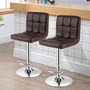 Set of 2 square adjustable and swivel PU leather bar stools with backrest and footrest - cafe