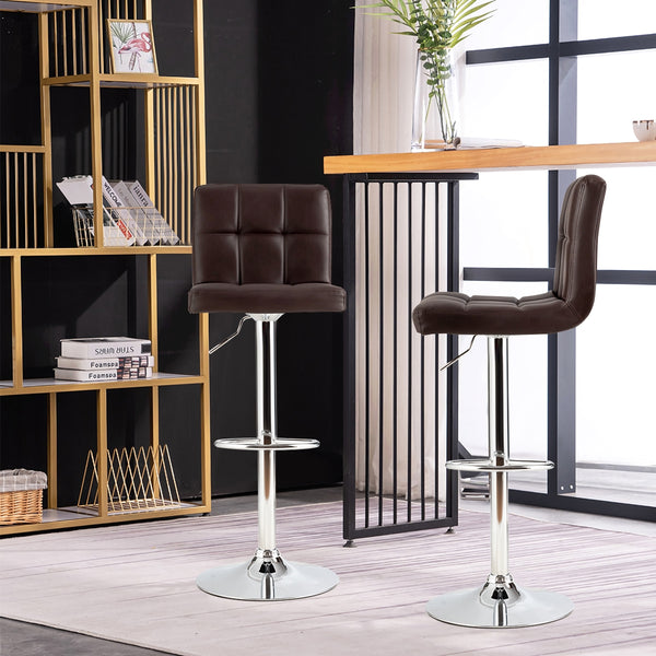 Set of 2 square adjustable and swivel PU leather bar stools with backrest and footrest - cafe