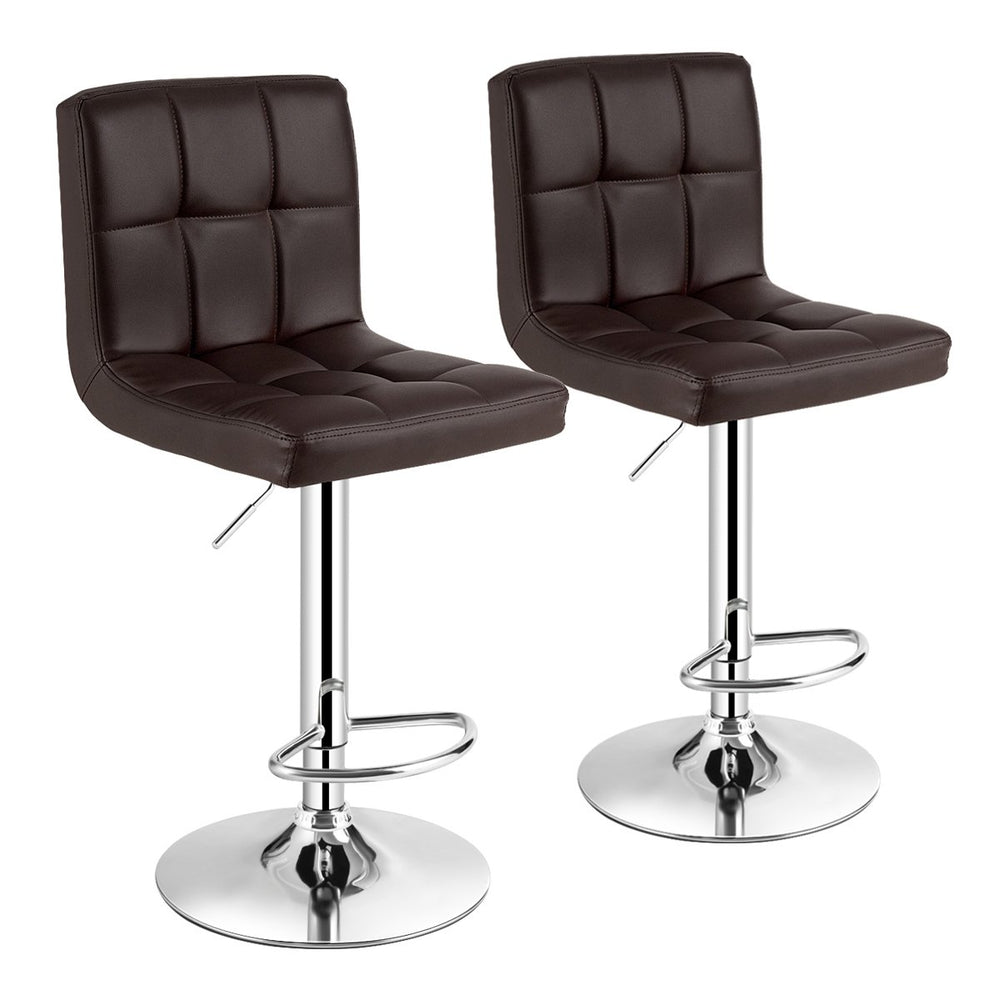 Set of 2 square adjustable and swivel PU leather bar stools with backrest and footrest - cafe