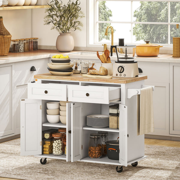 Kitchen island with rubberwood storage, spice rack, towel rail