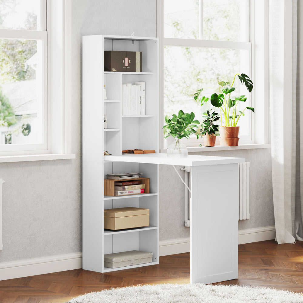 Convertible folding desk with whiteboard and side shelf, white
