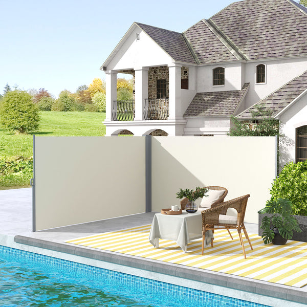Double retractable outdoor privacy wall, cream white