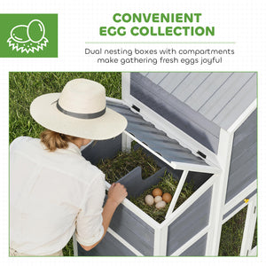 Wooden chicken coop with 2 nesting boxes, a pull-out tray, and a ramp