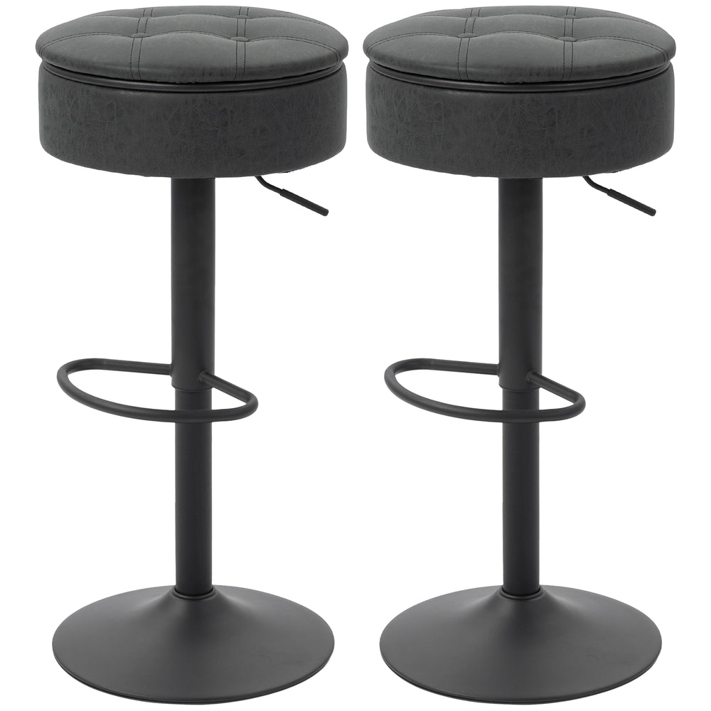 Set of 2 swivel bar stools with storage, faux leather upholstery, footrest, steel base, black