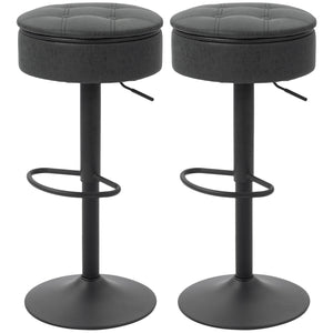 Set of 2 swivel bar stools with storage, faux leather upholstery, footrest, steel base, black
