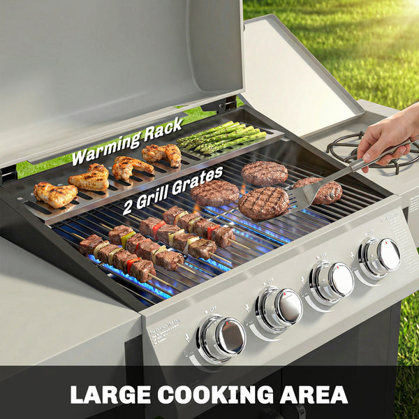 4+1 burner propane gas barbecue with side burner, warming rack and side shelf.