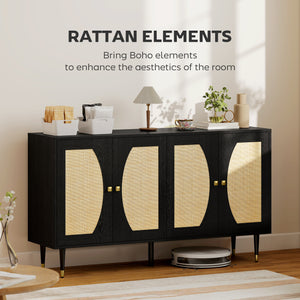 Bohemian storage sideboard with adjustable shelves, soft-close doors and rattan front, black