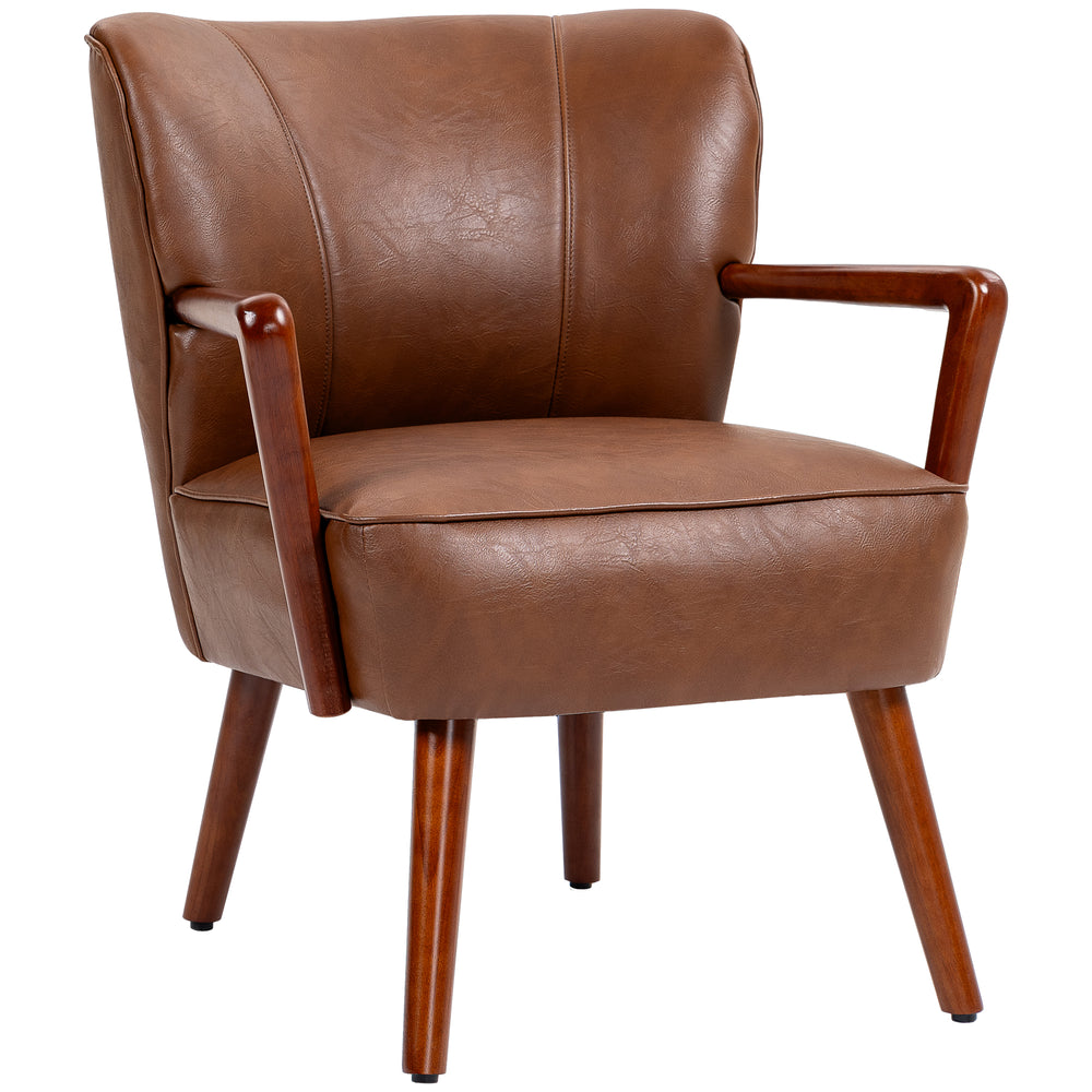 Modern upholstered armchair in faux leather with wooden legs and wide padded seat, brown