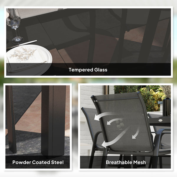 9-Piece Dining Set with Stacking Chairs and Glass Top, Grey