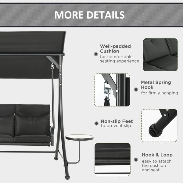 3-seater steel swing with adjustable canopy, black