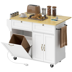 White mobile kitchen island with fold-down countertop, electrical outlets and storage
