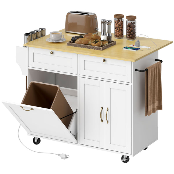 White mobile kitchen island with fold-down countertop, electrical outlets and storage