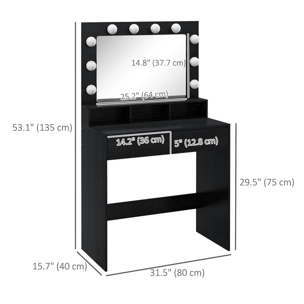 Dressing table with LED lighting mirror and drawers, black