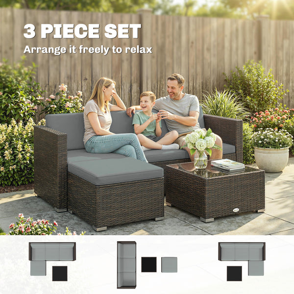 3-Piece Outdoor Patio Wicker PE Rattan Conversation Set with Cushions and Glass Coffee Table