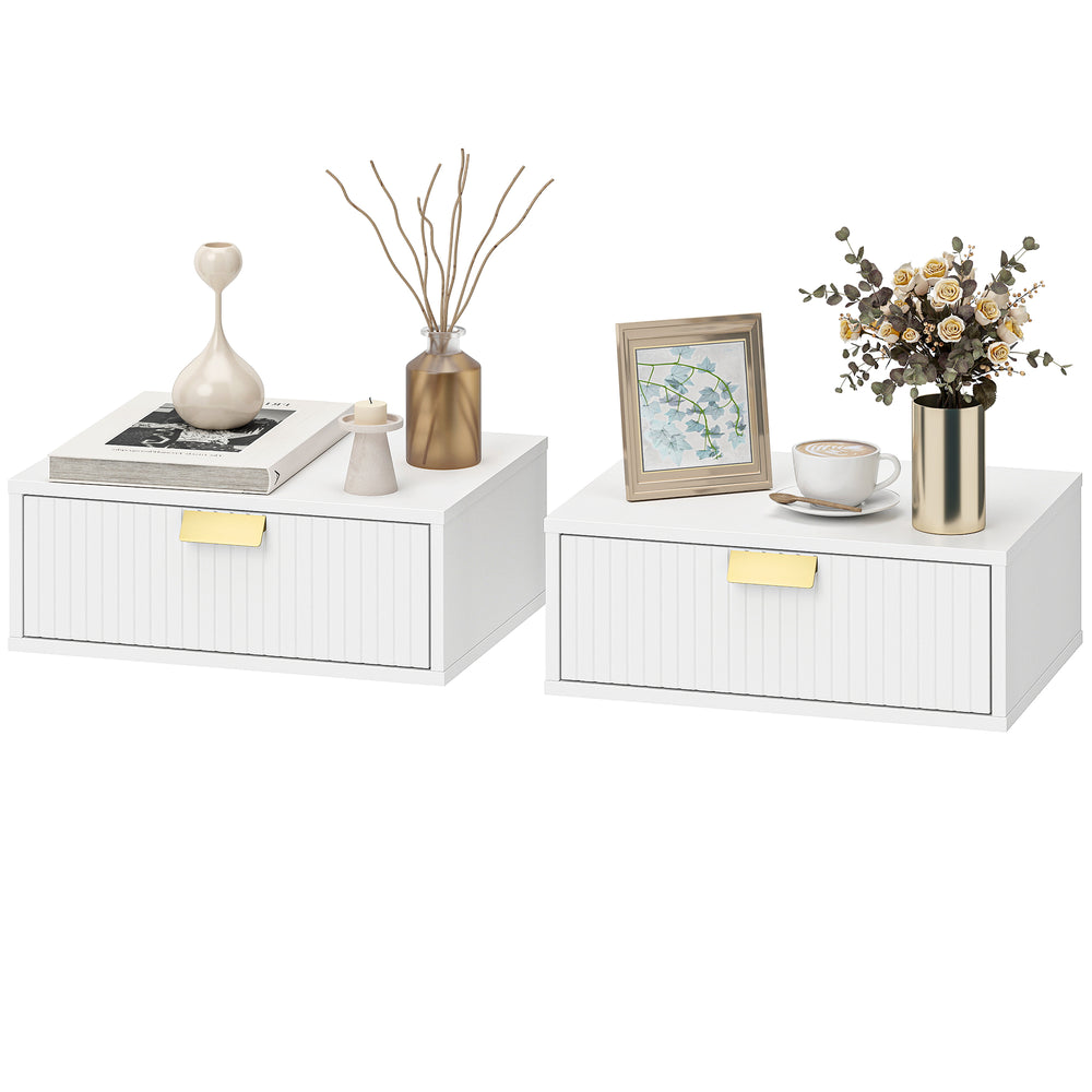 Set of 2 Modern White Wall-Mounted Floating Nightstands with Wavy Drawer.