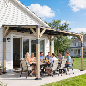 14' x 10' galvanized steel pergola with rigid roof and wooden frame, patio awning, dark grey