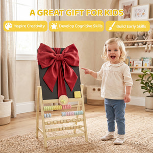 Double-sided children's easel with abacus and clock, natural wood