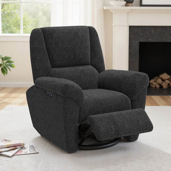 Electric reclining chair, fabric upholstery, USB ports, swivel and rocking function, footrest, black