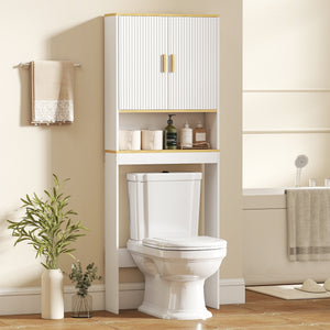 Storage unit to be installed above the toilet, adjustable shelf, bathroom storage cabinet, white and oak