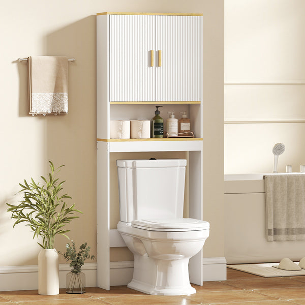 Storage unit to be installed above the toilet, adjustable shelf, bathroom storage cabinet, white and oak