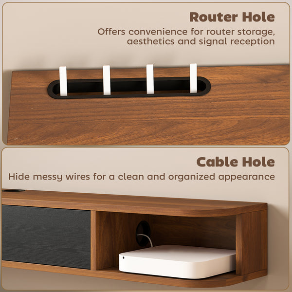 Floating wall-mounted TV unit for TVs up to 60 inches, with a drop-down drawer and 2 open shelves, walnut finish.