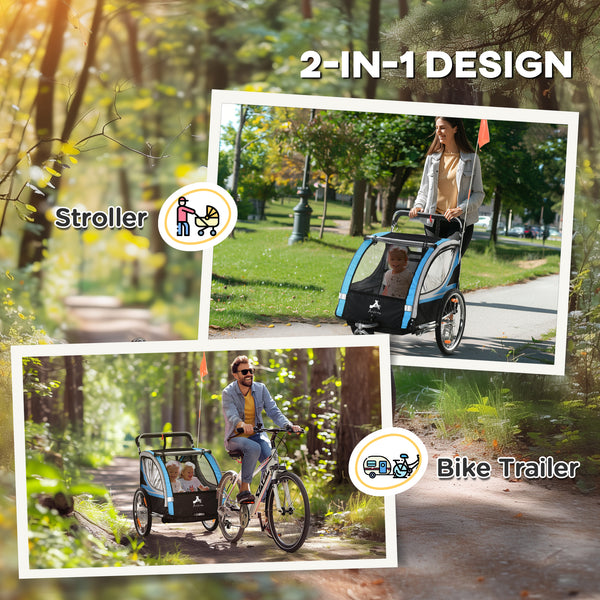 2-seater bicycle trailer with handbrake, 5-point harness, blue