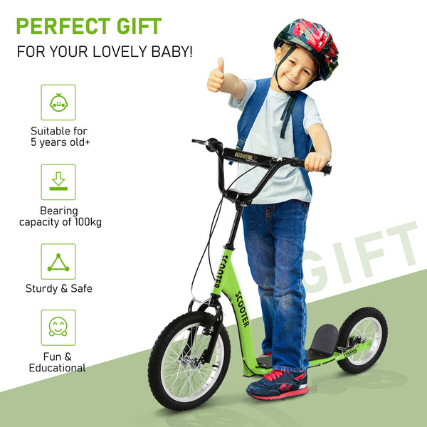 Scooter with adjustable handlebars, double brakes, inflatable wheels, green