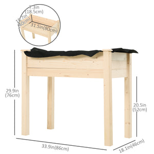 Raised wooden planter with legs, drainage holes and inner bag, natural color