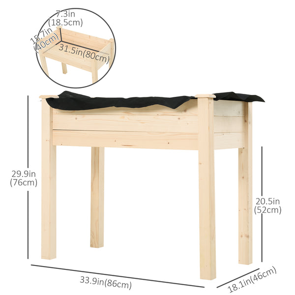Raised wooden planter with legs, drainage holes and inner bag, natural color