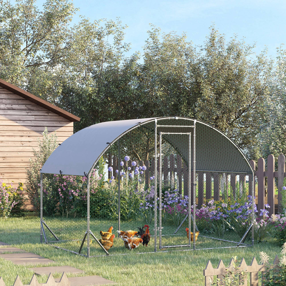 Galvanized metal chicken coop with outdoor run, silver