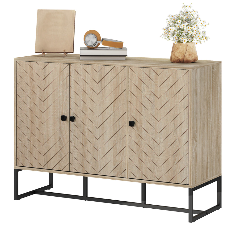 Modern Sideboard with Adjustable Shelves, 3 Doors Herringbone for Living Room, Hallway, Oak Wood Grain