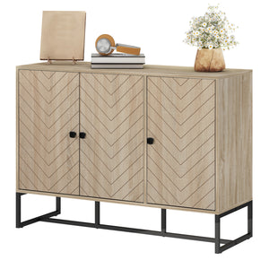Modern Sideboard with Adjustable Shelves, 3 Doors Herringbone for Living Room, Hallway, Oak Wood Grain