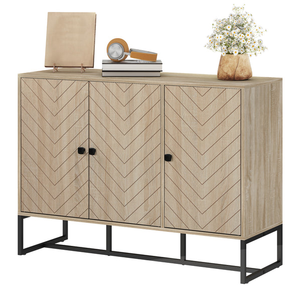 Modern Sideboard with Adjustable Shelves, 3 Doors Herringbone for Living Room, Hallway, Oak Wood Grain